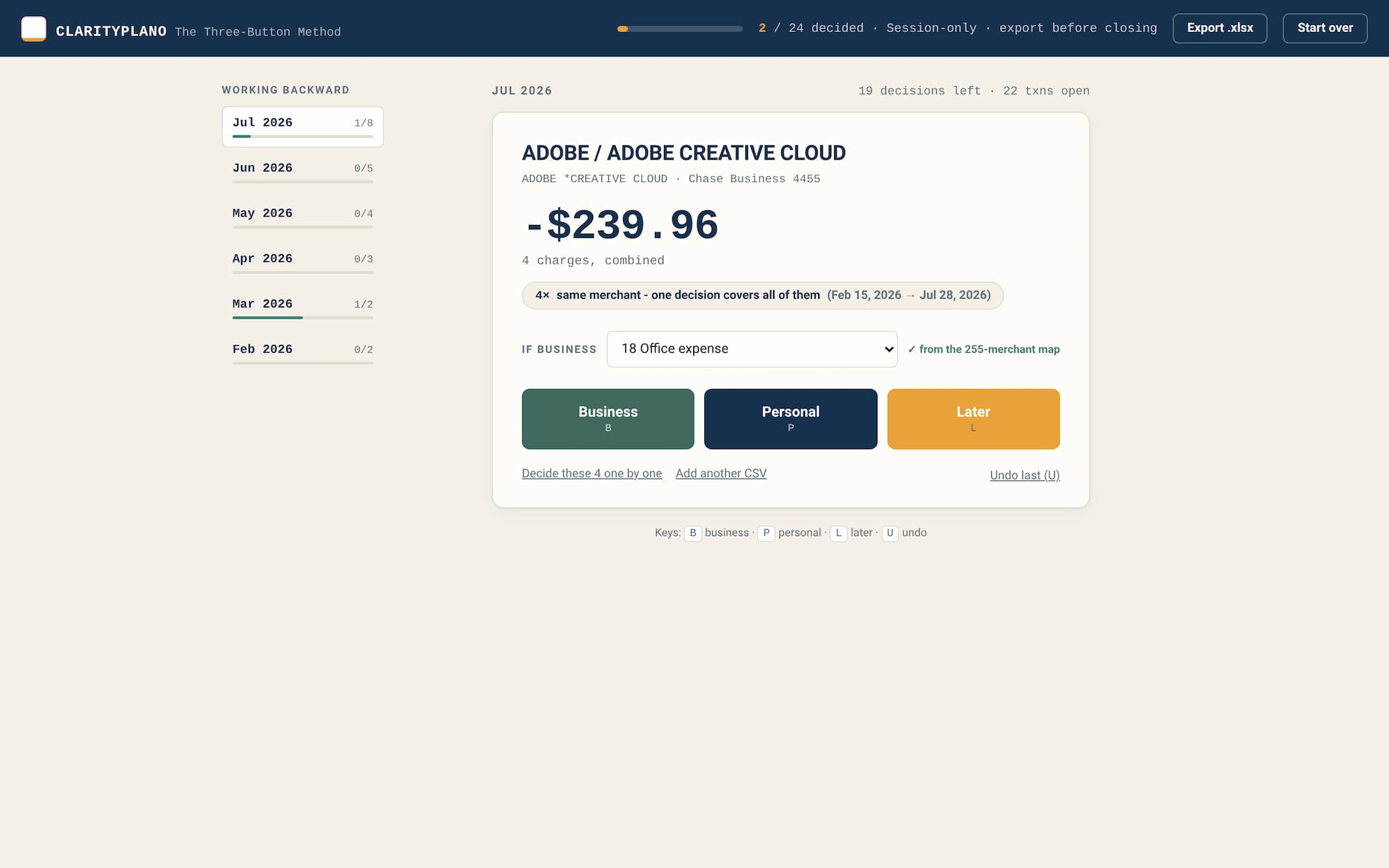 ClarityPlano app grouping matching expenses for one merchant decision
